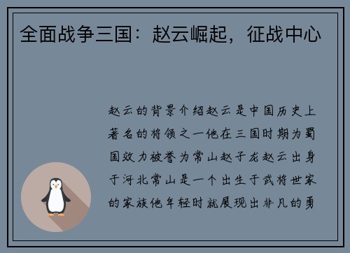 全面战争三国：赵云崛起，征战中心